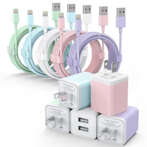 iGENJUN 5Pack iPhone Charger, Dual Port USB Wall Charger Block Adapter with Long 6FT Lightning Cable Fast Charging Data Sync Cords for iPhone 14 13 12 11 Pro Max XR XS Plus-Multicolor