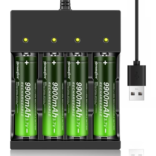 18650 Rechargeable Battery Charger W￵i￵th 4pcs 9900m￵A￵h Ba￵t￵te￵ries, Charger for 3.7V Rechargeable Batteries Kids Vehicles Toys