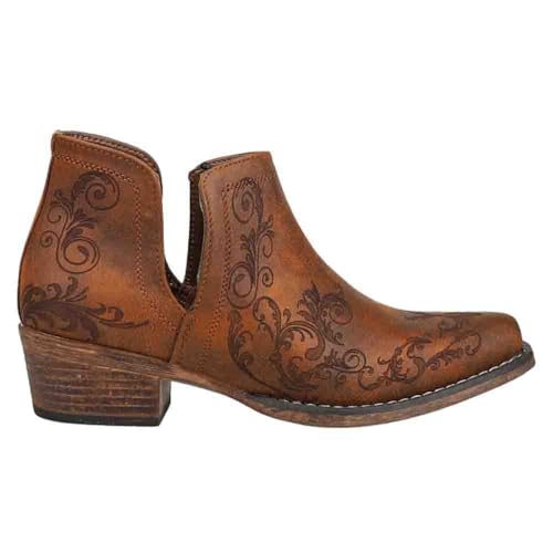 ROPER Womens Ava Paisley Embossed Snip Toe Casual Boots Ankle Low Heel 1-2" - Brown - Size 8 M