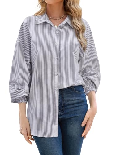 ZANZEA Womens Striped Button Down Shirts Classic Long Sleeve Smocked Cuffed Office Work Blouses Tops Gray XXL