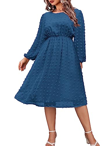 IN'VOLAND Plus Size Womens 2023 Spring Fall Long Sleeve Swiss Dot Dress Smocked Crew Neck Empire Waist Ruffle Casual Mini Babydoll Dress Dark Blue