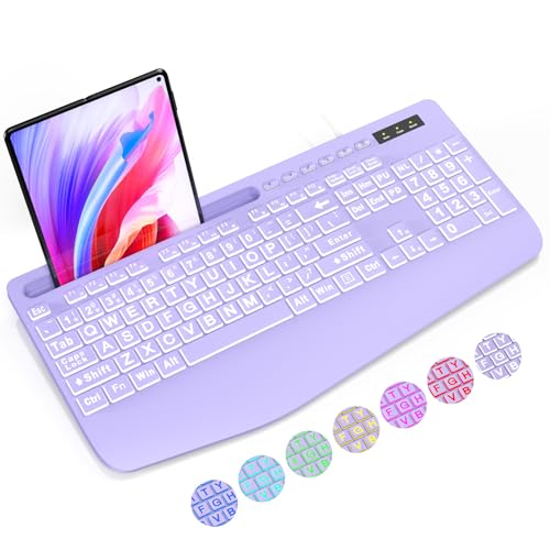 SABLUTE Large Print Backlit Computer Keyboards, Wired Lighted USB Keyboards with 7-Color Backlit, Wrist Rest, Phone Holder, Easy to Read and Type for Laptop, PC, Windows, Desktop (Purple)