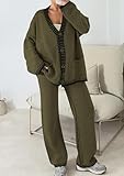 PRETTYGARDEN Women's 2 Piece Outfits Knit Matching Lounge Sets Long Sleeve V Neck Cardigan Sweaters Wide Leg Pants Tracksuits (Khaki Green,Small)