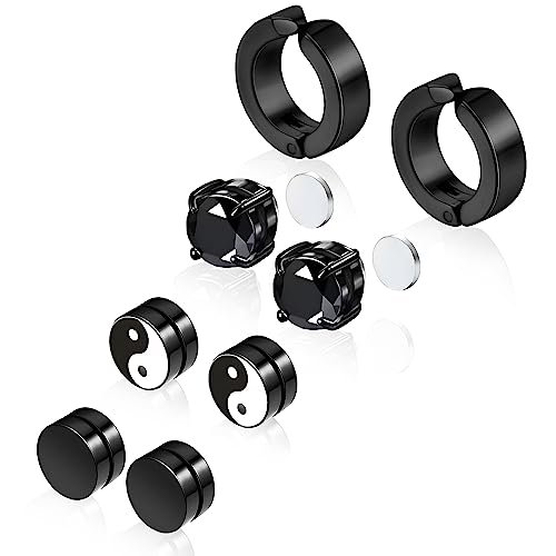 Trinckle Magnetic Earrings for Men and Women, 4 Pairs Black Magnet Earrings Stainless Steel Stud Hypoallergenic Clip on Magnetic Studs Aretes De Imanes Para Hombre Men's Jewelry