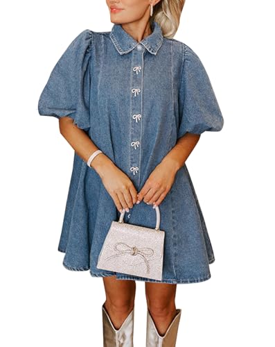 LifeShe Women Short Puff Sleeve Denim Dress Babydoll Mini Dress Casual Flowy Swing Jean Dresses Blue