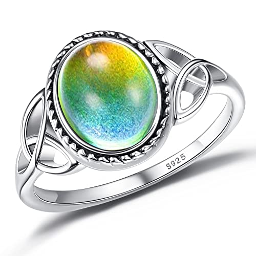 ADRAMATA 925 Sterling Silver Mood Ring for Women Vintage Celtic Knot Rings Jewelry 18K White Gold Plated Handmade Oval Solitaire Ring Temperature Control Color Change Mood Rings Size 9