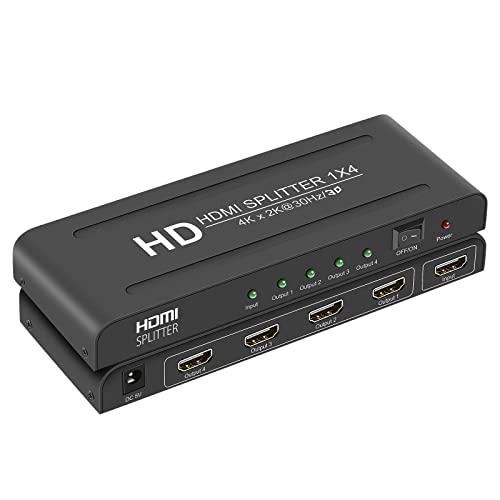 4K 1x4 HDMI Splitter 1 in 4 Out,4 Port Powered HDMI Splitters Support Mirror/Copy Multi Monitor Outputs and 4Kx2K@30Hz 3D,HD Splitter with Power for Project/Office/Projector/HDTV/PS4