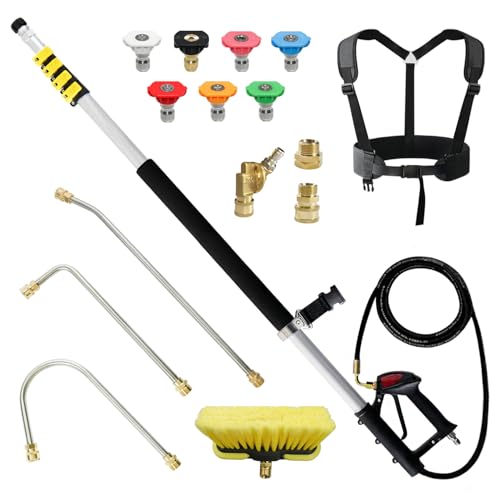 janz 24 FT, Aluminum Telescoping Pressure Washer Wand with 2 Pressure Washer Extension Wands,Gutter Cleaner Attachment, 7 Spray Nozzle Tips, 2 Hose Inlet Adapters, Pivoting Coupler and Support Harness