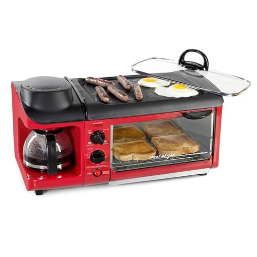 Nostalgia 3-in-1 Breakfast Station - Includes Coffee Maker, Non-Stick Griddle, and 4-Slice Toaster Oven - Versatile Breakfast Maker with Timer - Red