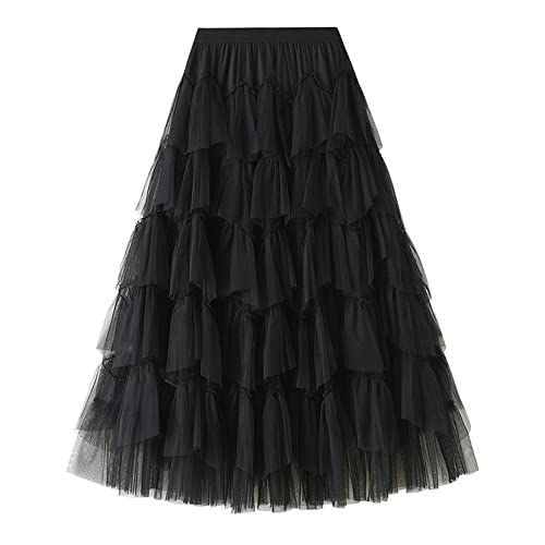 Dirholl Women's A-Line Fairy Elastic Waist Polyester Spandex Midi Skirt Tutu Black B