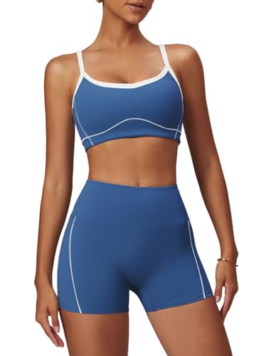 QBGJTD Two Piece Workout Sets for Women Cami Straps Color Block Back Sports Bra Matching High Waist Booty Lifting Biker Shorts 2 Piece Gym Yoga Active Wear Outfits Womens Athletic Work Out Blue S