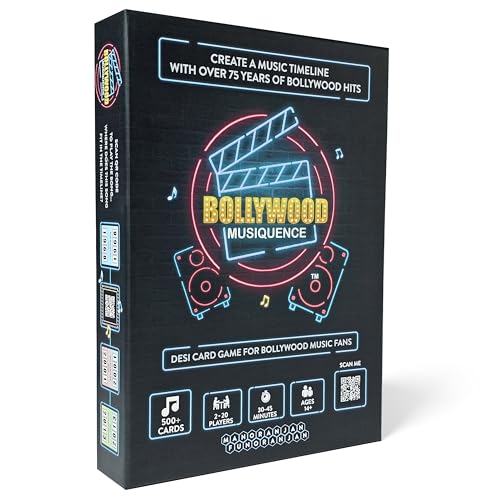 The Bollywood Music Party Card Game, Fun Hindi Music Filmi Trivia Card Game, 2-24 Players, 500 Plus Indian Music Hits Cards, Great for Desi Friends and Family Game Nights and Parties