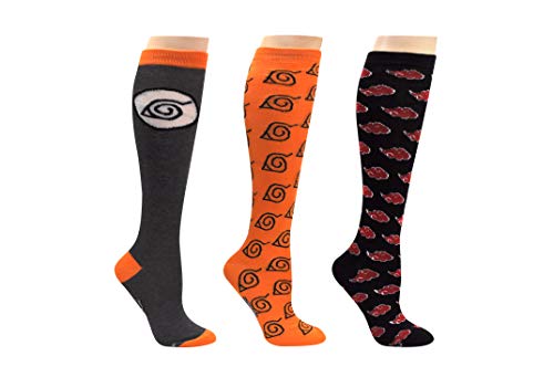 Everything Legwear Naruto Shippuden Socks Cosplay (3 Pair) - (Women) Naruto Gifts Hidden Leaf Village Akatsuki Knee High Socks - Fits Shoe Size: 4-10 (Ladies)