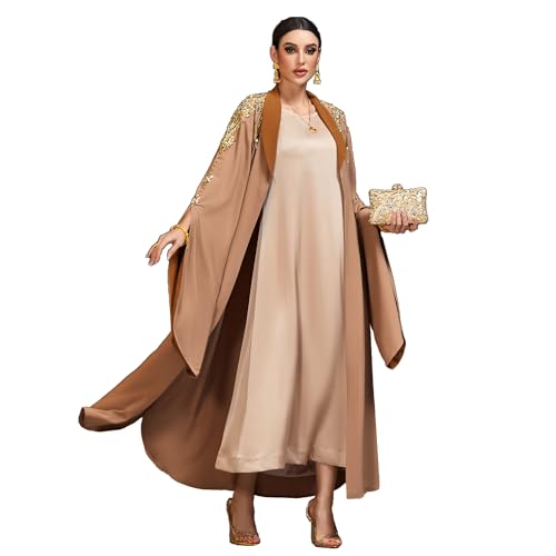 Ami.Todfo Handmade Beaded Kaftan Open Front Abaya Long Sleeve Maxi Dress Arabian Robe Fashion for Casual Festival Gathering Travel (L)