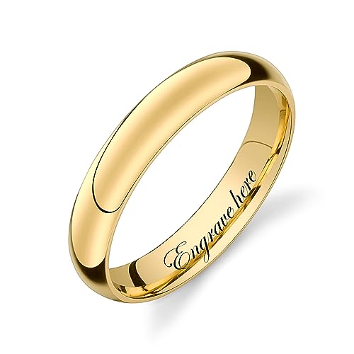Jelafu 4mm 10K 14K 18K 24K Yellow Gold Wedding Band Ring for Women Men Couples Custom Name Engraved Solid Gold Ring for Anniversary Engagement Valentine's Day