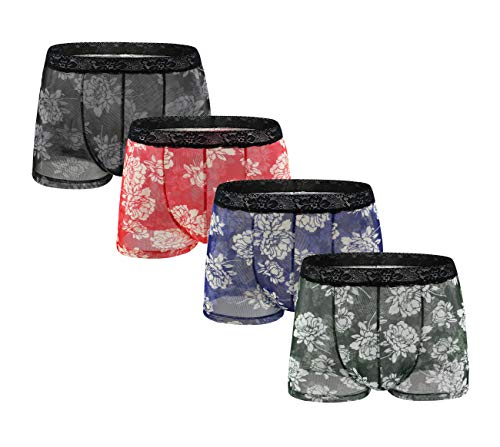 Swbreety Men's Sexy Lace Boxer Briefs Printed Flower Underwear Low Rise Sporty Panty for Men