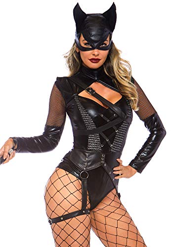 Leg Avenue Women's 2 Pc Villainess Vixen Bodysuit Costume with Attached Garter, Hooded Mask, Black, Medium
