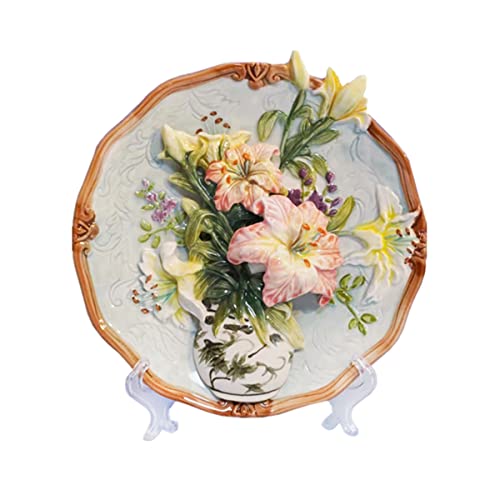 Minigift Ceramic Collections Plate, 3D Hand Painted Lilies Flower Decorative Tray with Display Stand -8"
