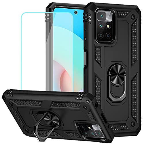 Yerebel for Redmi 10 (2021/2022)/Redmi 10 Prime Case with Tempered Glass Screen Protector, [Military Grade] [Metal Ring] [Magnetic Support] Heavy Duty Armor Cover for Xiaomi Redmi 10 2022 (Black)