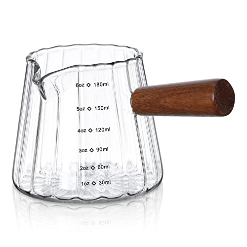 Joeyan 6 oz Glass Measuring Cups with Spout,Borosilicate Glass Triple Pitcher with Scale,Origami Style Espresso Shot Glasses with Wood Handle for Coffee Milk,Dishwasher Safe