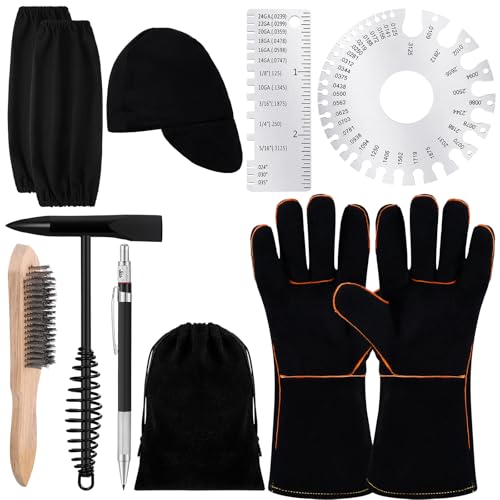 Kingdder 9 Pcs Welding Slag Removal Tools and Accessories Kit Set Include Welding Chipping Hammer Hat Insulated Protective Sleeve Gloves Wire Brush and Stainless Steel Metal Sheet Thickness Gauges