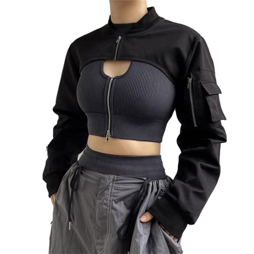 HeiBai Xiong Goth Emo Crop Top Alt Rave Crop Coat Long Sleeve Zipper Driving Jacket