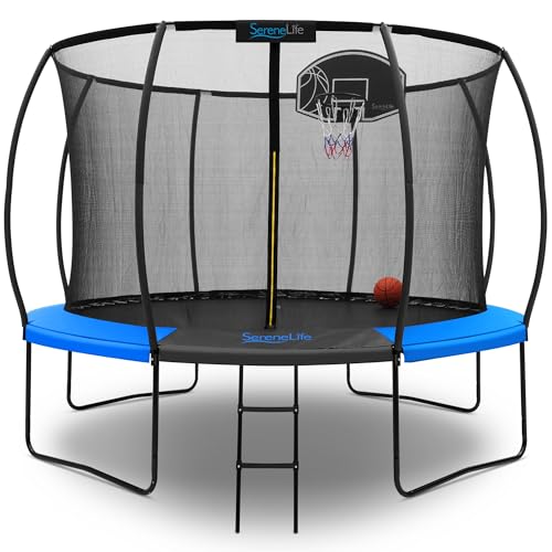 SereneLife 10FT Outdoor Trampoline for Kids – Durable Backyard Kids Trampoline with Curved Safety Poles, Net Enclosure, Ladder & Basketball Hoop – ASTM Certified, Supports 308 lbs, 120"x111", Blue