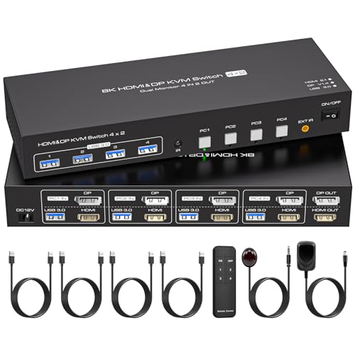 ATLAHET HDMI Displayport KVM Switch 4 Computers 2 Monitors 8K 60Hz 4K 120Hz 4 Port Dual Monitor KVM Switches for 4PC Share Four USB Device Support Copy and Extend Mode Includes Some Accessories Used