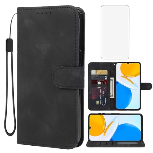 Wanyuexes Case for Honor X7 Case, Honor X 7 4G CMA-LX2 Wallet Case with Tempered Glass Screen Protector, Skin Feel PU Leather Flip Folio Credit Card Holder Stand Phone Cover for Honor X7 4G Black