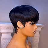 YJOQOKOA Short Bob Wig Human Hair for Black Women Pixie Cut wigs Human Hair Glueless Wig None Lace Front Wig with Bangs Natural Black Straight Full Machine Made Short Layered for daily use 1B
