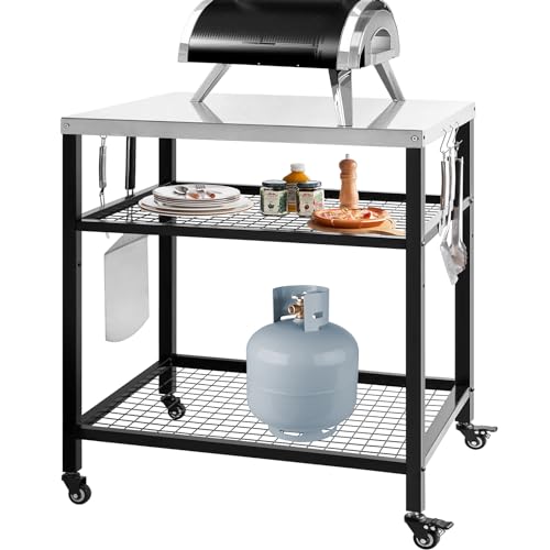 WEASHUME Stainless Steel Outdoor Grill Cart Pizza Oven Stand Trolley Table with Wheels Three-Shelf Movable Food Prep and Work Table Heavy Duty Grill Carts Outdoor Cart 31.5"×24"×35.5"