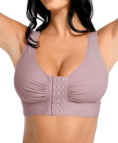 FeelinGirl Women Front Closure Post Surgery Compression Everyday Bras for Breast Implant Support with Adjustable Straps Wirefree Purple L