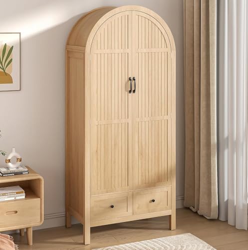 Lxsxlome Wardrobe Closet, Armoire Wardrobe Closet with Drawers and 2 Arched Fluted Doors, 70.87‘’ Tall Wooden Bedroom Armoires with Shelves and Hanging Rod (1, Wood Color, 19.7''D)