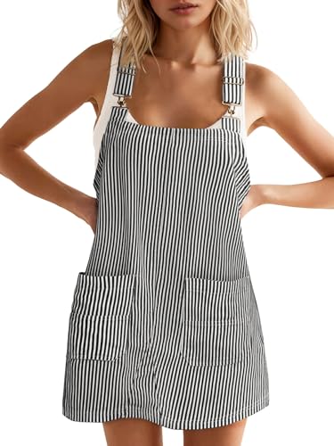 Yousify Womens Casual Striped Denim Dress Summer Pinafore Overalls Romper Adjustable Straps Jumper Dress with Pockets