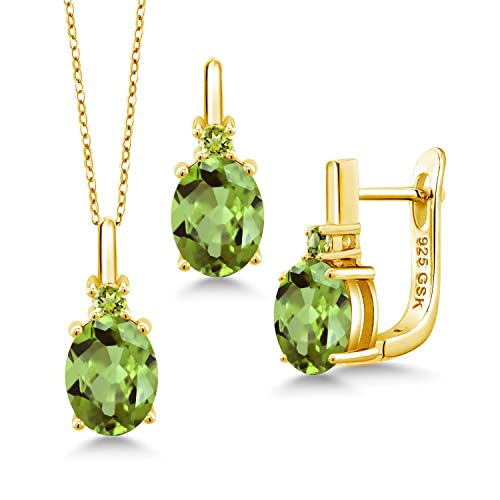 Gem Stone King 18K Yellow Gold Plated Silver Green Peridot Pendant and Earrings Jewelry Set For Women (6.37 Cttw, Gemstone Birthstone, Oval 9X7MM, with 18 Inch Chain)