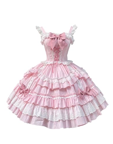 Smiling Angel Girls Sweet Lolita Dress Pink Layered Ruffle Dress with White Lace Trim and Bows Cosplay Costumes (Pink, Large)