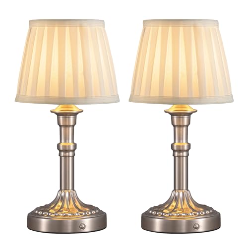 KDG Cordless Portables Table Lamp Set of 2, LED Fabric Shade Small Desk Lamps, 5000mAh Battery Powered Lighting, 2700K Stepless Dimmable Light for Living Room, Dining Room, Bedroom, Bedside (Nickel)