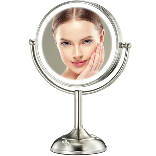 Professional 8.5" Large Lighted Makeup Mirror with Brighter Lights, 1X/10X True HD Magnifying Mirror with 3 Color Dimmable Lights, 90 Shadowless LEDs, 360°Swivel Seamless Vanity Mirror, Pearl Nickel
