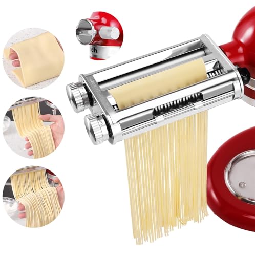 FavorKit Pasta Maker Attachment 3 in 1 Set Compatible for KitchenAid Mixers Plus Hub Knob Screw Accessory Included Pasta Sheet Roller, Spaghetti Cutter, Fettuccine Cutter and Cleaning Brush