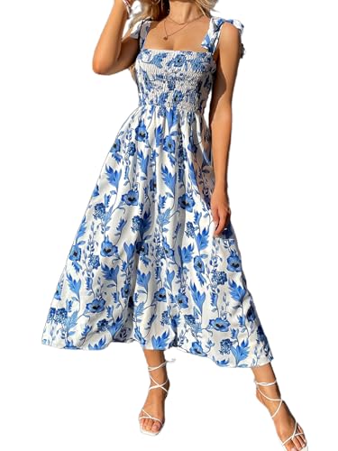 MakeMeChic Women's Summer Boho Dress Casual Floral Print Spaghetti Strap Square Neck Long Maxi Dress Beach Sun Dress A Blue and White S