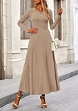 PRETTYGARDEN Women's 2 Piece Outfits Dressy Casual Ribbed Knit Long Sleeve Crop Tops Maxi Flowy Skirts Matching Sets (Khaki,Large)