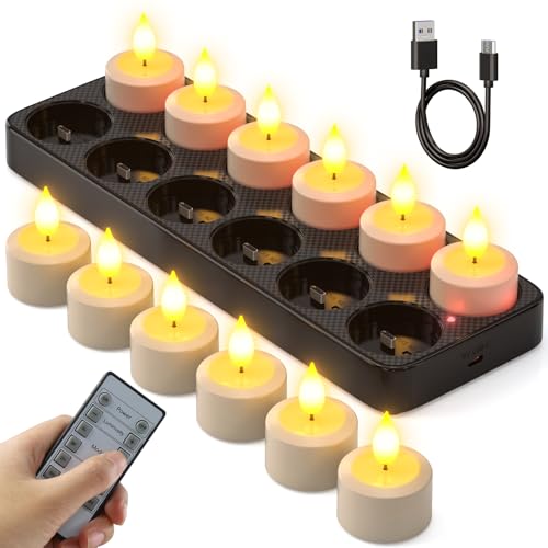 SoulBay Flameless Candles with Remote Control Timer & Charging Base, 12pcs USB Rechargeable Battery LED Tea Lights Candles Small Votive for Lantern Pool Mantle Weddings Emergency Christmas Decorative