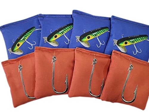 Fishing Theme Cornhole Bags Set of 8 Regulation Fish and Hook Fathers Day Gift (Plastic Resin Filling)