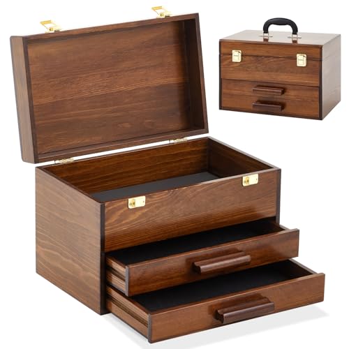 Weysat 14 Inch Mini Wooden Tool Box with 2 Drawers and Top Storage, Portable Small Tool Chest with PVC Liners, Mini Tool Storage Box Organizer Makeup Box with Metal Latch Closure