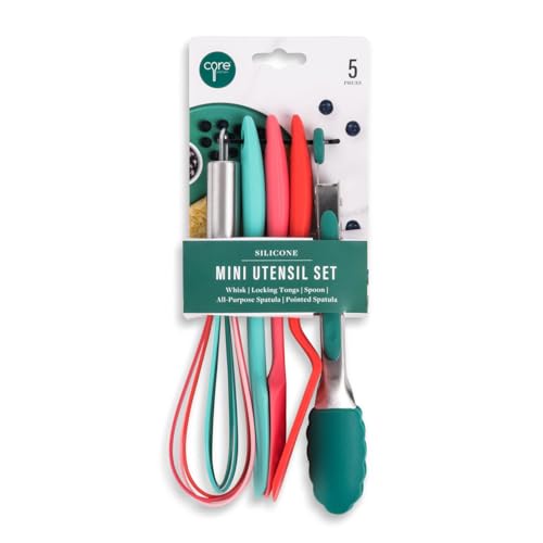 Core Kitchen Mini All-Purpose Spatula Whisk Tongs Multicolor Set Food-Grade BPA-Free Silicone Non-Stick Baking & Cooking Utensil Serving Tools, Dishwasher Safe, 5 Piece Set, 44962