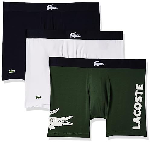 Lacoste Men's Cotton Stretch Big Croc Print Boxer Briefs, 3-pack, Dusty Olive/Navy Blue/White (New), Medium