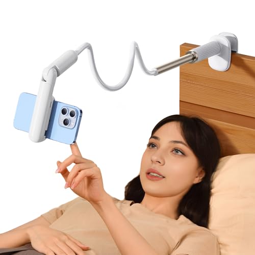 nediea Phone Holder for Bed, Gooseneck Cell Phone Stand with Clamp Mount, 900° Rotation Overhead Lazy Bracket with Flexible Long Arm, Compatible with 4.7-7 Inches Cellphone (43.3 Inches Length)