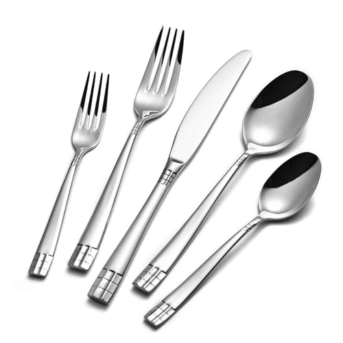 KINGSTONE Flatware Set, 20-Piece Luxury Silverware Set for 4, 18/10 Stainless Steel Cutlery Utensils Sets with European Design, Pure Hand Mirror Polished, Perfect for Family & Parties, Dishwasher Safe