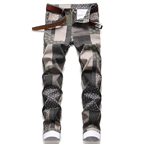 Men's Slim Fit Patchwork Jeans Skinny Stitching Stretch Straight Denim Pants Men's Street Wear Distressed Fit Stylish Printed Slim Jeans Denim Pants