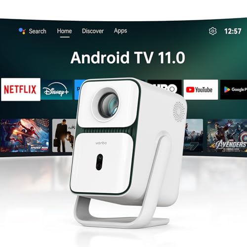 [Android TV 11.0 & Native 1080P] Wanbo T2 Ultra Smart Mini Projector with WiFi and Bluetooth, 120° Adjustable Stand, Auto Focus, 500 ANSI Outdoor Proyector, Built-in Streaming Apps & Google Store